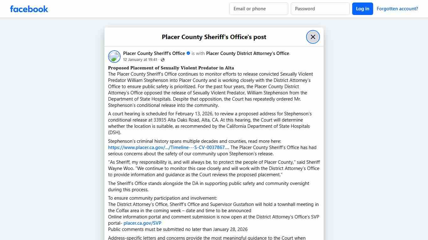 𝐏𝐫𝐨𝐩𝐨𝐬𝐞𝐝 𝐏𝐥𝐚𝐜𝐞𝐦𝐞𝐧𝐭 𝐨𝐟... - Placer County Sheriff's Office | Facebook
